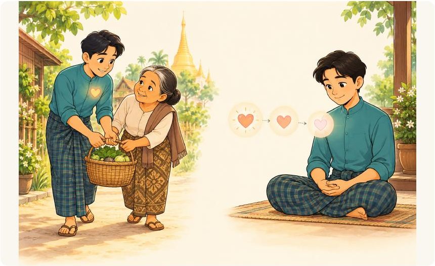 ကူညီပေးခြင်းနှင့် တရားထိုင်ခြင်းကို သရုပ်ဖော်ထားသော ပုံ